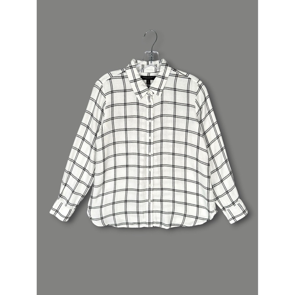 Banana Republic Dillon Flannel Button Up White Black Windowpane Plaid S‎ Petite